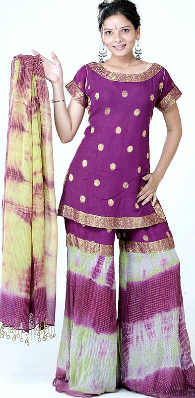 Purple Batik Shaded Sharara Suit with Sequins and Threadweave