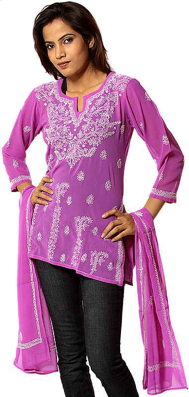 Purple Chikan Embroidered Kurti Top with Stole