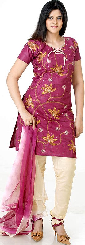 Purple Choodidaar Suit with All-Over Embroidery