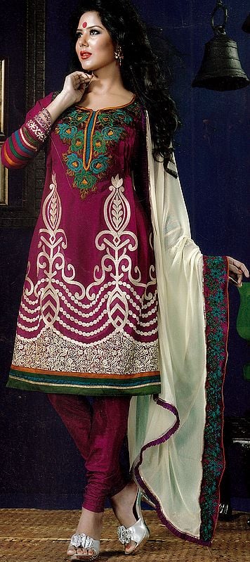 Purple Designer Chudidar Suit with Floral Embroidery and Patch Border