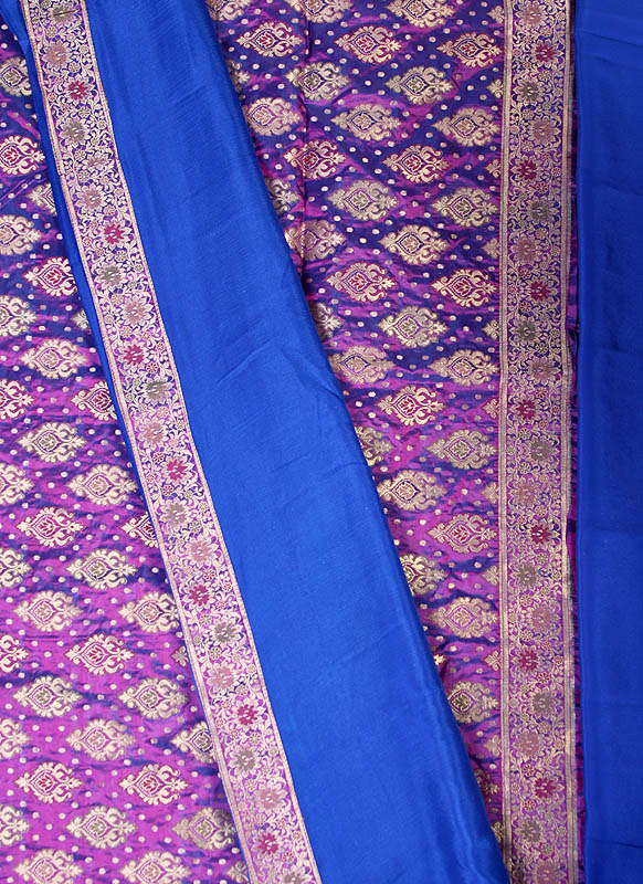Purple Hand-Woven Banarasi Suit with All-Over Floral Brocade Weave and Chiffon Dupatta