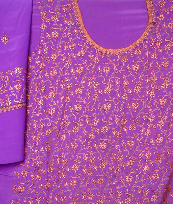 Purple Handwoven Suit with all-over Hand-Embroidery from Kashmir