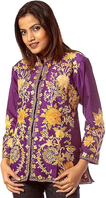 Purple Jacket with Crewel Embroidered Flowers