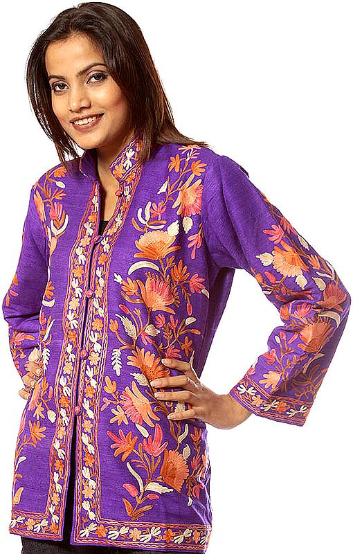Purple Jacket with Floral Embroidery All-Over