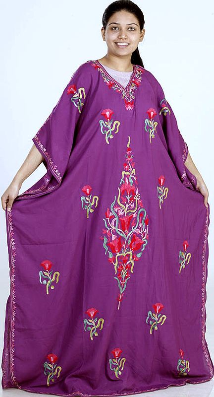 Purple Kaftan from Kashmir with Aari-Embroidered Orchids