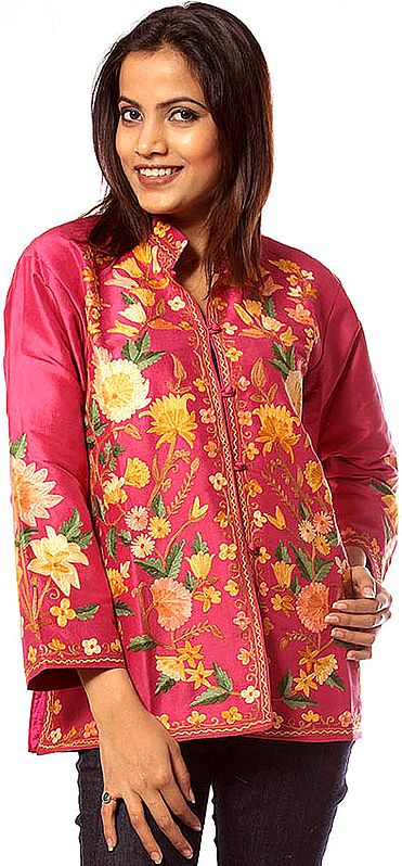 Purple Kashmiri Jacket with Embroidered Flowers All-Over