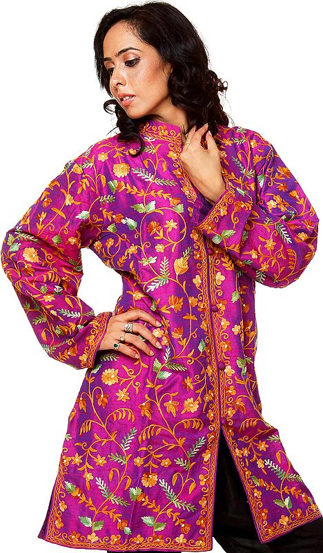 Purple Long Jacket with All-Over Crewel Embroidery