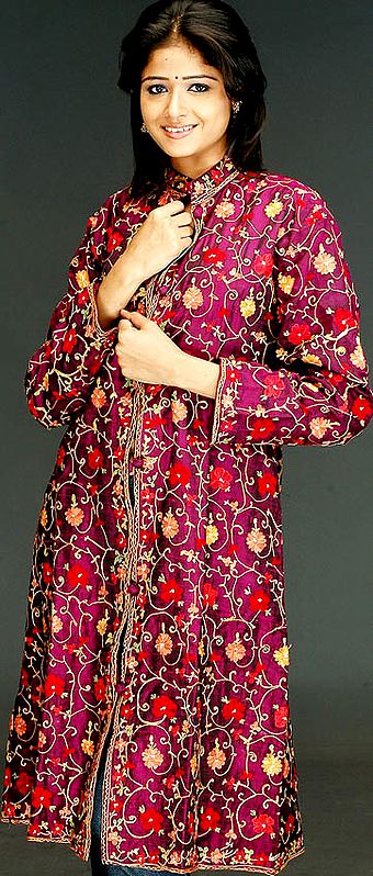 Purple Long Silk Floral Jacket from Kashmir