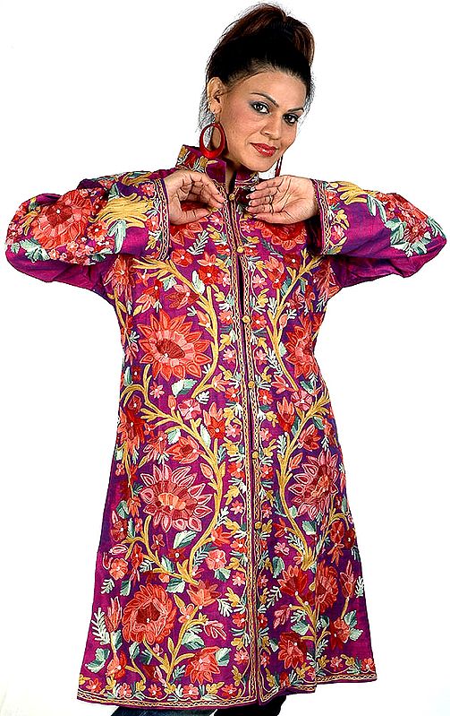 Purple Long Silk Jacket with Large Flowers Densely Embroidered All-Over