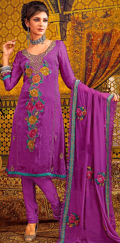 Purple Orchid Choodidaar Kameez Suit with Crewel Embroidered Flowers and Patch Border