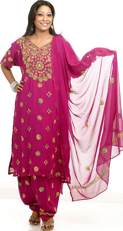 Purple Salwar Kameez with All-Over Kantha Stitch Embroidery