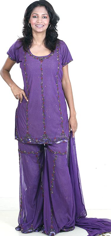 Purple Tissue Sharara Suit with Beads and Sequins