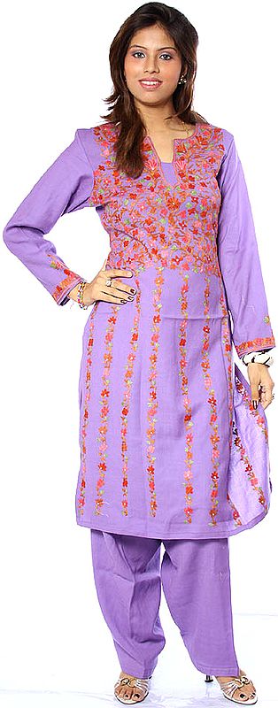 Purple Two-Piece Kashmiri Salwar Kameez with Aari Embroidered Flowers