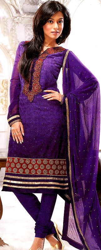 Purple-Passion Choodidaar Kameez Suit with Velvet Applique and Patch Border