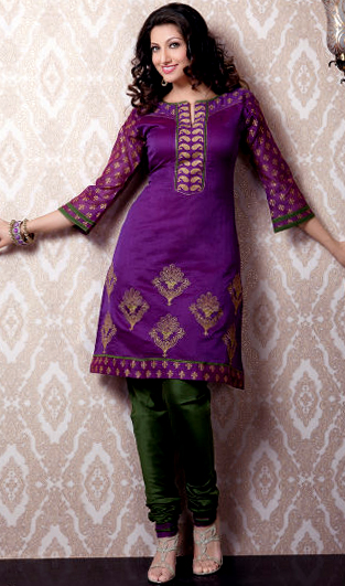 Purple-Passion Printed Choodidaar Kameez Suit with Metallic Thread Embroidered Bootis in Golden Thread