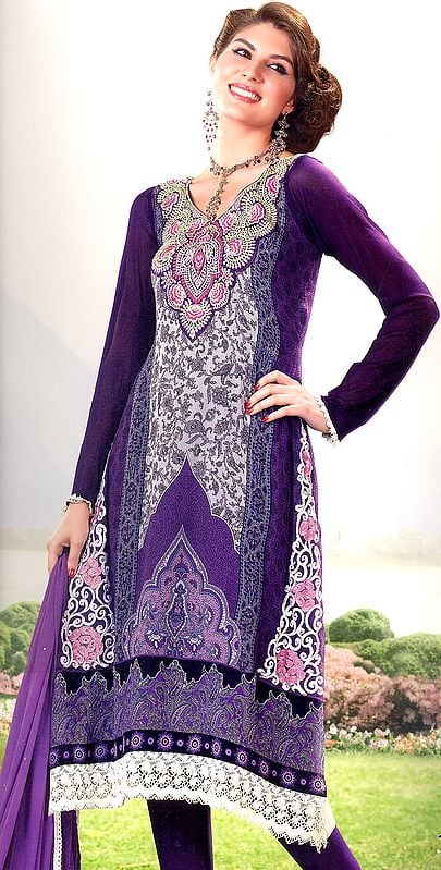 Purple-Reign Printed Long Choodidaar Kameez Suit with Embroidery on Neck Floral Patch Border