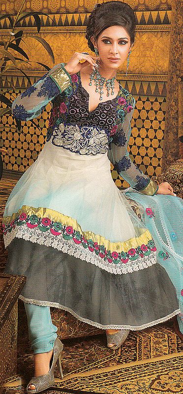 Radiant-Blue Shaded Choodidaar Flaired Suit with Velvet Applique and Crochet Patch