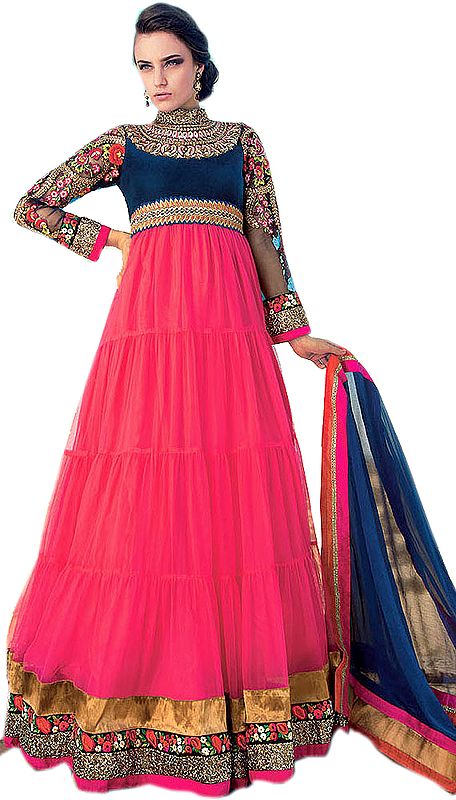 Raspberry Long Bridal Anarkali Suit with Floral Aari Embroidery and Velvet Bustier