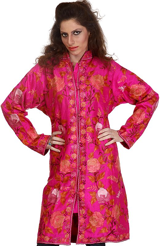 Raspberry-Sorbet Long Kashmiri Jacket with Crewel Embroidered Flowers All-Over