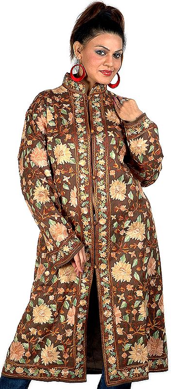 Raw-Umber Long Silk Jacket with Floral Embroidery All-Over