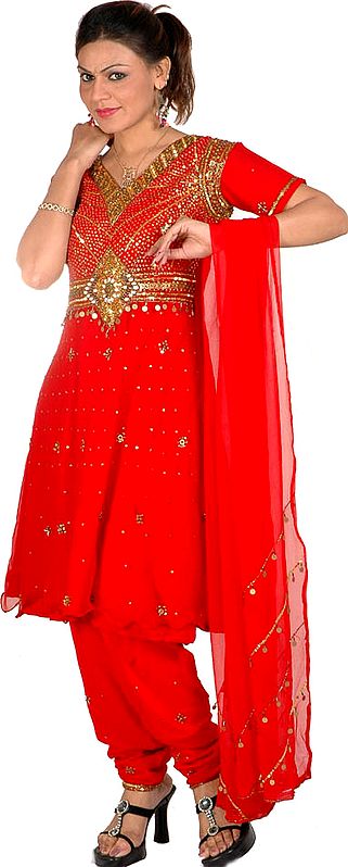 Red Anarkali Suit with Sequins and Beads