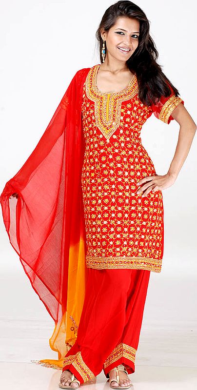 Red and Amber Salwar Kameez with All-Over Embroidery and Sequins