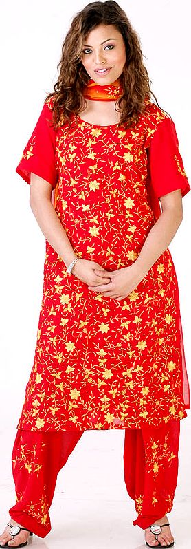 Red and Amber Salwar Kameez with All-Over Persian Embroidered Flowers