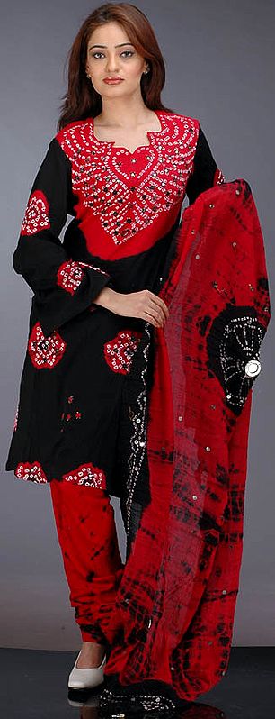 Red and Black Bandhini Choodidaar Suit with Mirror Work