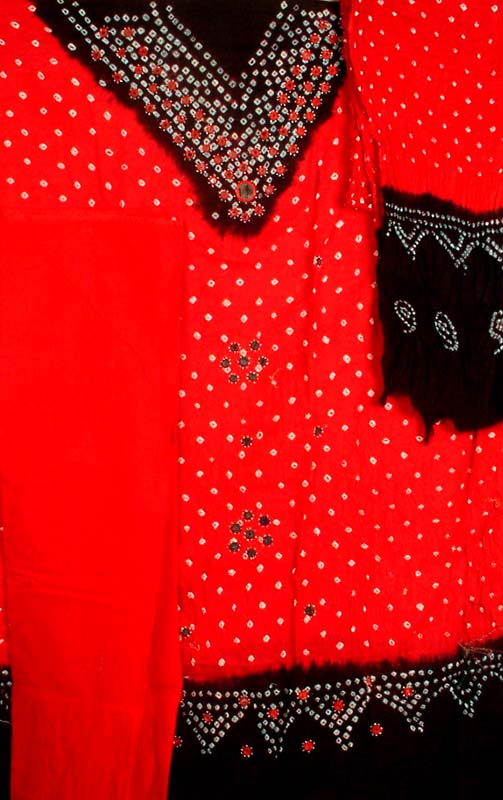 Red and Black Bandhini Suit with Mirrors and Beads
