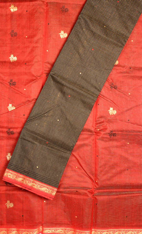 Red and Black Chanderi Suit with Stripes Woven in Golden Thread
