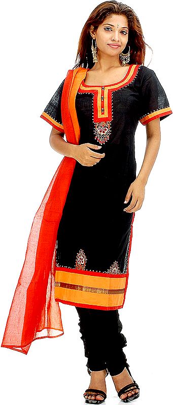 Red and Black Choodidaar Suit with Patchwork and Sequins and Embroidery