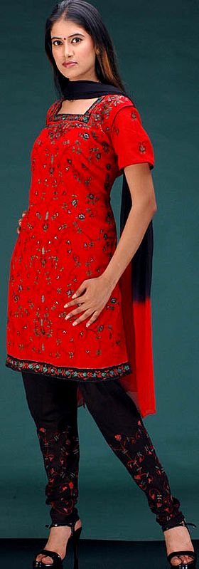 Red and Black Choodidaar Wedding Suit with All-Over Embroidery