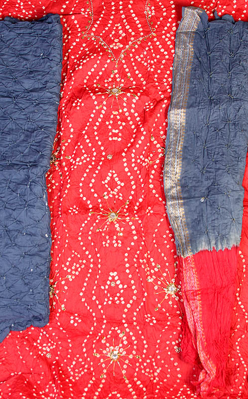 Red and Blue Bandhani Suit from Gujarat with Embroidered Beads