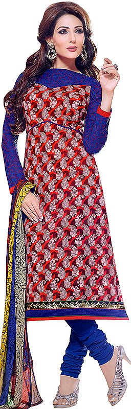 Red and Blue Choodidaar Suit with Printed Paisleys and Patch Border