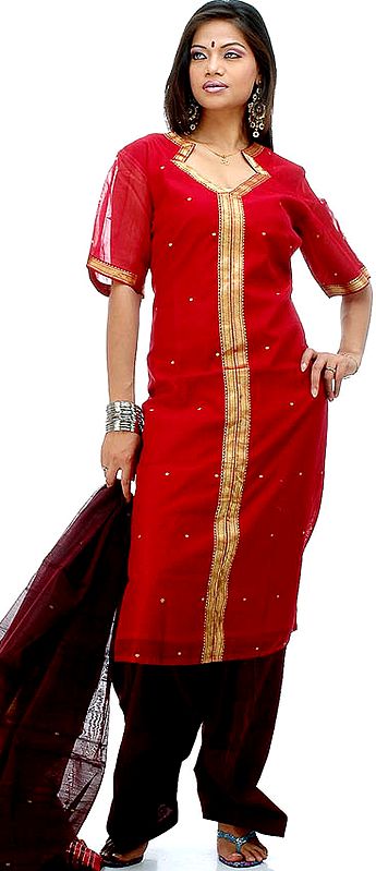 Red and Brown Chanderi Suit with Golden Bootis