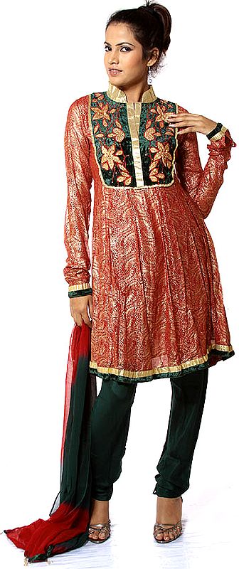 Red and Green Designer Suit with Floral Patchwork