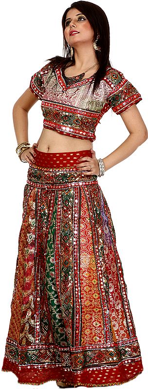 Red and Green Lehenga Choli with Multi-Thread Embroidery, Sequins and Mirrors