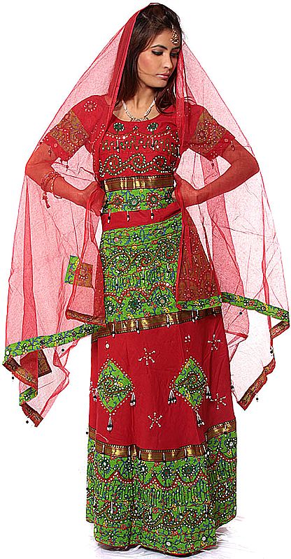 Red and Green Printed Gypsy Chaniya Choli from Rajasthan with Mirrors and Embroidery