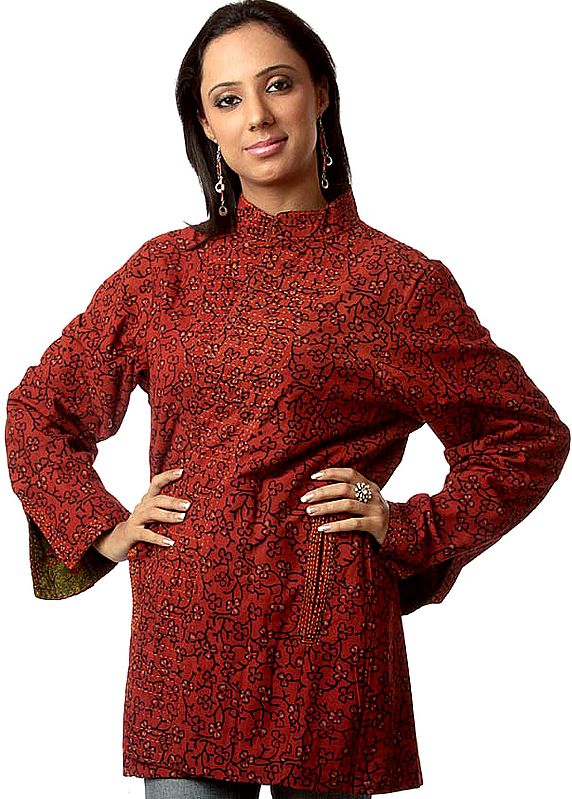 Red and Green Reversible Block-Printed Jacket from Ranthambore with Kantha Embroidery by Hand