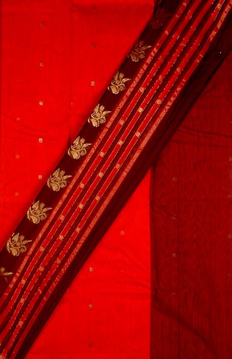 Red and Maroon Chanderi Suit with Golden Bootis