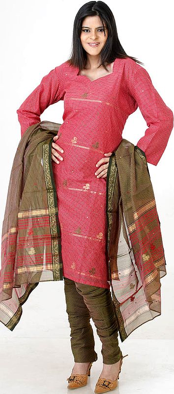 Red and Olive Chanderi Choodidaar Suit with All-Over Checks