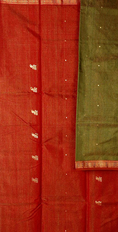 Red and Olive Tissue Chanderi Suit with Golden Bootis