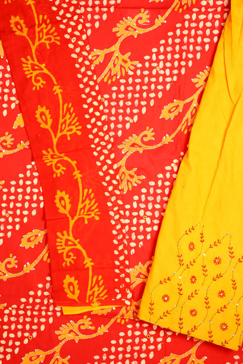 Red and Orange Batik Salwar Kameez Fabric with Sequins and Kantha Stitch