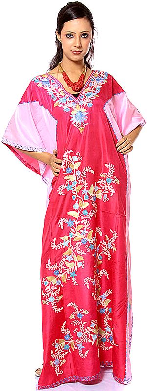 Red and Pink V-Neck Kaftan with Crewel Embroidery All-Over