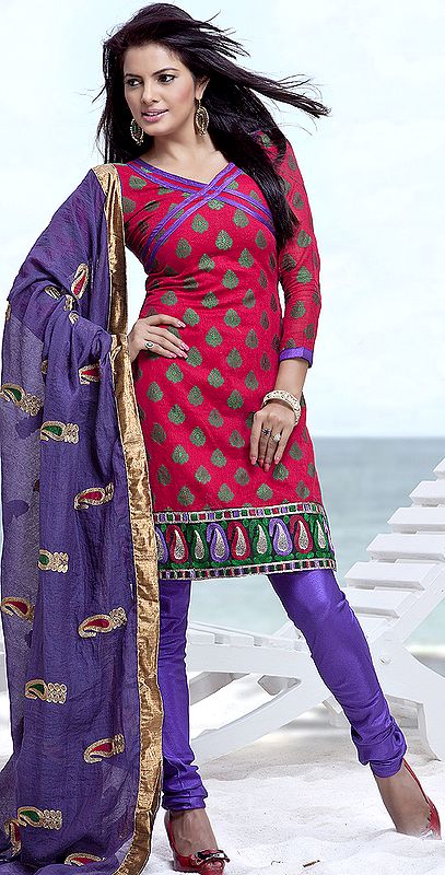 Red and Purple Choodidaar Kameez Suit with Woven Bootis and Patch Border
