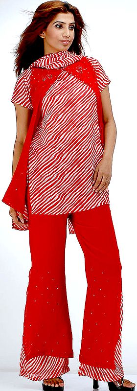 Red and White Leheria Printed Suit with Parallel Salwar