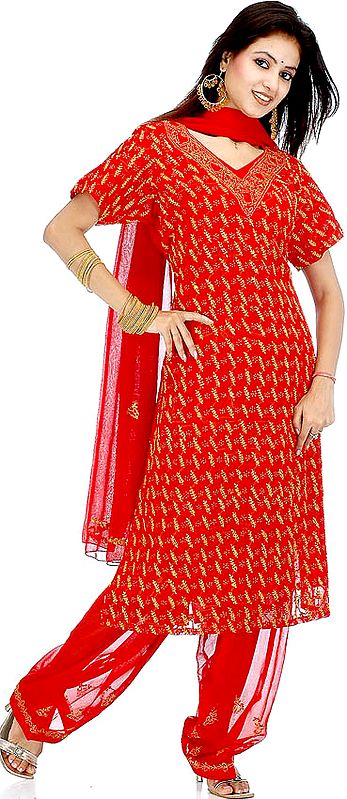 Red and Yellow Lukhnavi Chikan Salwar Kameez with Jaal Embroidery