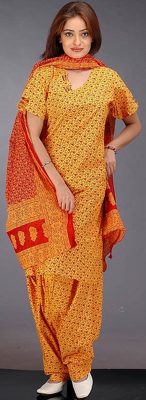 Red and Yellow Printed Cotton Suit