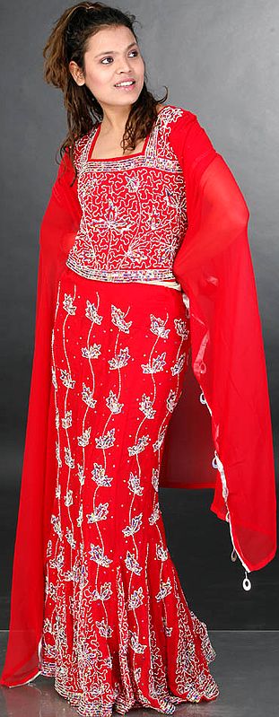 Red Bridal Lehenga Choli with Beadwork and Sequins