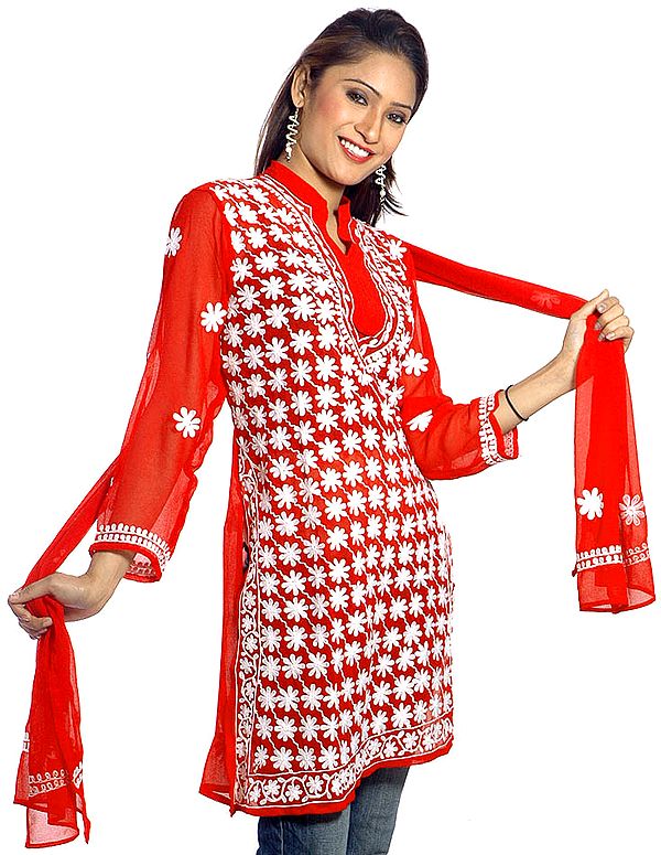 Red Chikan Embroidered Top with Stole